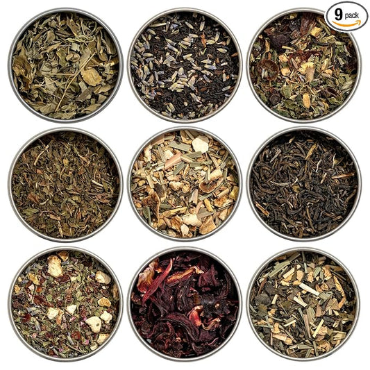 Heavenly Tea Leaves Organic Wellness Tea Sampler (Approx. 90 Cups of Tea), 9 Assorted Loose Leaf Teas & Herbal Tisanes - Great Hot or Iced, High & No Caffeine Teas, Gift Ideas for Her
