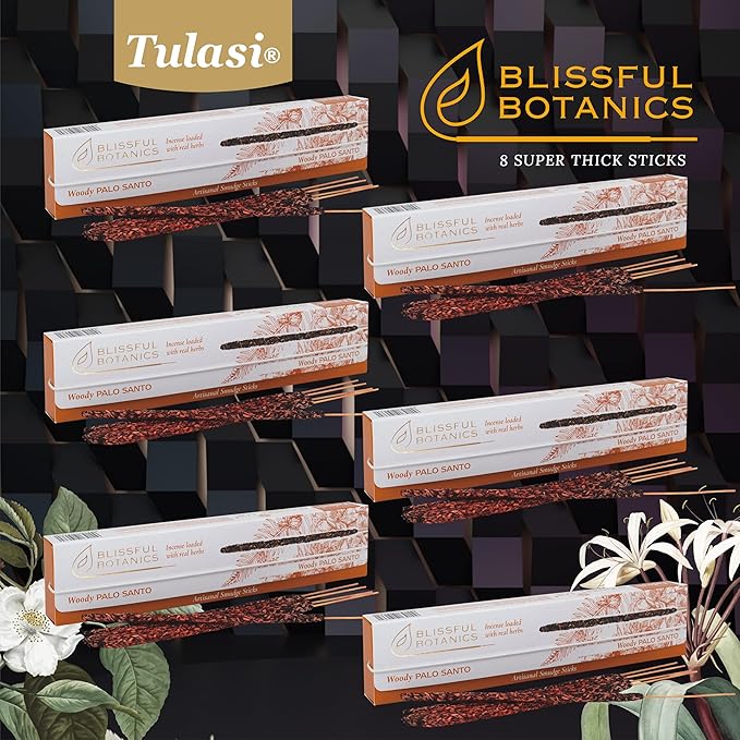 Tulasi Palo Santo Smudge Incense Sticks Pack – 48 Natural Smudge Sticks (6 Boxes x 8) | Long Burning (55 Min) | Aromatherapy, Spiritual Cleansing, Meditation, Air Purifying Incense | Thanks Giving