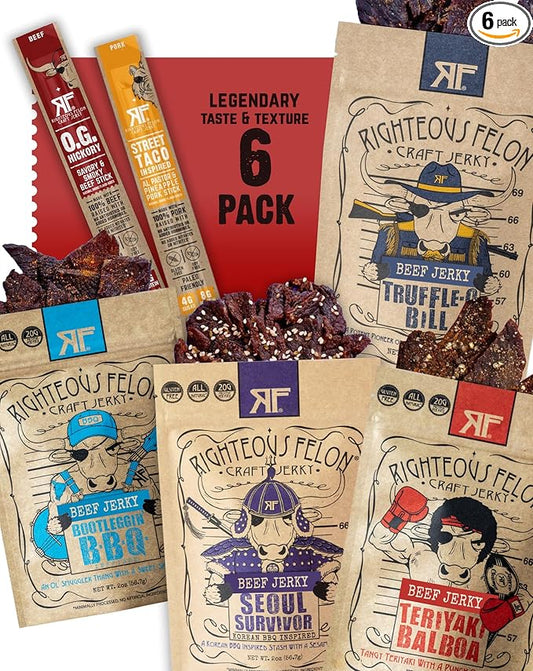 Righteous Beef Jerky Variety Pack Gift Basket - Great Gifts for Men | Gluten Free, High Protein Healthy Snack | Beef, Pork, & Turkey Jerky Variety Snack Pack | Fan Favorites 6 Pack