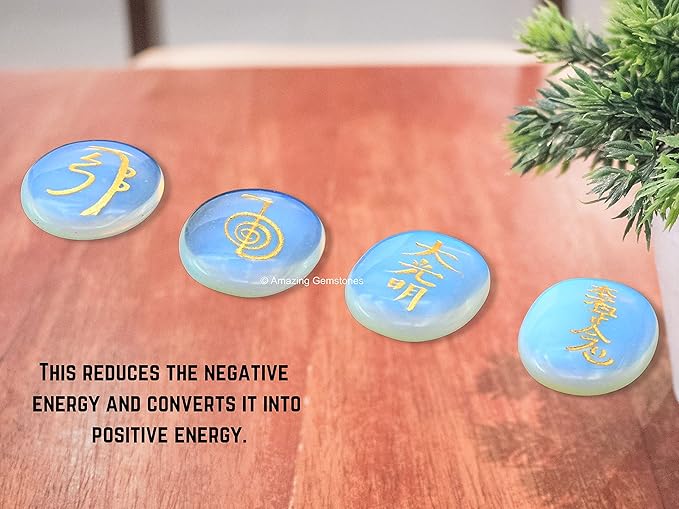 Amazing Gemstone Opalite Crystal Reiki Stones with Engraved Symbols for Usui Reiki Healing, Set of 4 Pcs (Indian Handmade Reiki Gift Set)