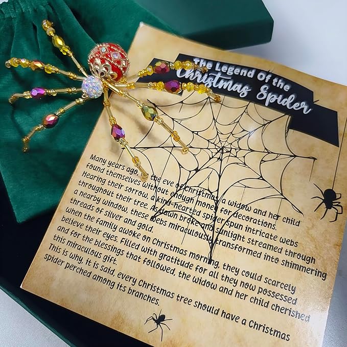 Cunno 6 Sets Legend of The Christmas Spider Gifts Christmas Spider Miracle Ornament with Card and Bag The Tradition of Tinsel Legend Spiders Hanging Handmade Decor for Xmas Tree Xmas