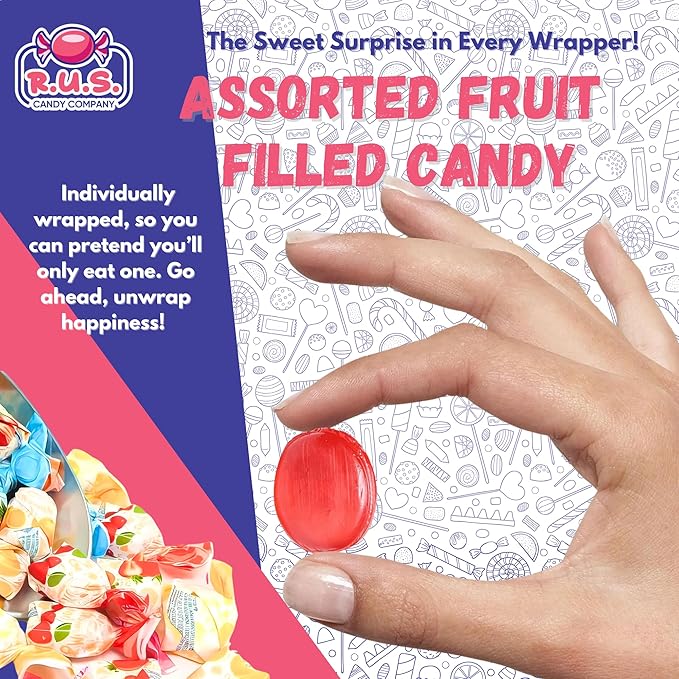 Fruit Filled Hard Candy 3 lb – Individually Wrapped, Old Fashioned Bulk Candy, 5 Assorted Flavors, Hard Shell and Chewy Center by R.U.S. Candy Company (3 Pound)