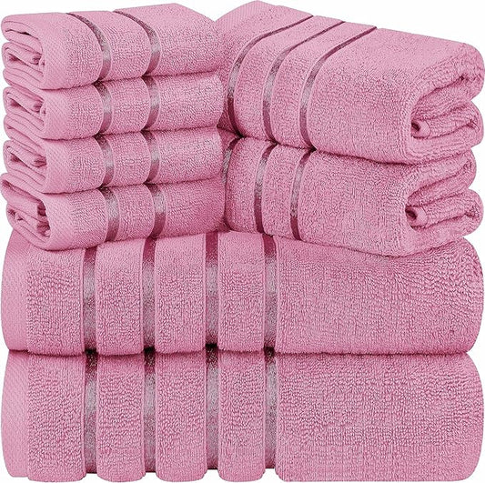 Utopia Towels 8 Piece Luxury Towel Set, 2 Bath, 2 Hand, and 4 Wash Cloths, 600 GSM Ring Spun Cotton, Highly Absorbent Viscose Stripe Towels, Ideal for Everyday use, Pink