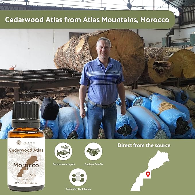 Cedarwood Atlas Essential Oil - Direct from Morocco Forests - Steam Distilled - Cedro del Atlas for Aromatherapy, Massage, Diffuser, DIY Candle and Soap Making - 8oz