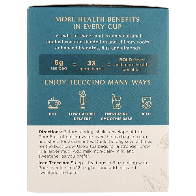 Teeccino Dandelion Tea – Caramel Nut - Roasted Herbal Tea | Organic Dandelion Root | Prebiotic | Caffeine Free | Gluten Free | Acid Free, Coffee Alternative, 10 Tea Bags