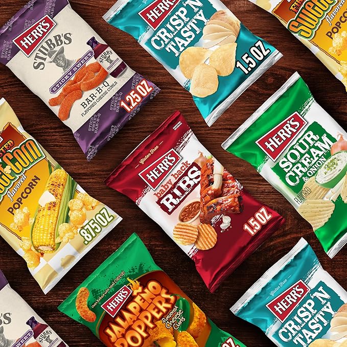 Herr's Variety Pack, Assorted Snacks, 0.625–1.5 Ounce (Pack of 24 Bags) – A Delicious Mix of Chips, Pretzels, and Cheese Snacks – Great for Family Snacking and Lunchboxes