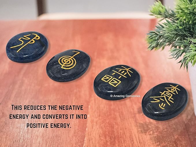 Amazing Gemstone Blue Aventurine Crystal Reiki Stones with Engraved Symbols for Usui Reiki Healing, Set of 4 Pcs (Indian Handmade Reiki Gift Set)