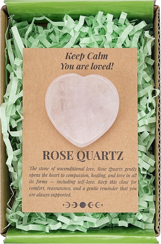 QianCannaor Rose Quartz Heart Shaped Worry Stone for Adults • Crystals and Healing Stones for Anxiety, Stress Relief & You are Loved! • Pocket Palm Stone with Affirmation Card