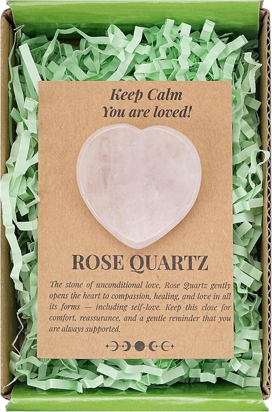 QianCannaor Rose Quartz Heart Shaped Worry Stone for Adults • Crystals and Healing Stones for Anxiety, Stress Relief & You are Loved! • Pocket Palm Stone with Affirmation Card