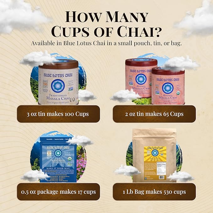 Blue Lotus Chai Tea - Fully Organic Traditional Masala Chai - Makes 17 Cups - 0.5 Ounce Masala Spiced Chai Powder with Organic Spices - Instant Indian Tea No Steeping - No Gluten