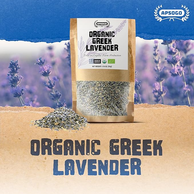 APSOGO Organic Dried Lavender Flowers - Premium Greek Culinary Lavender for Tea, Relaxation & Fragrance - Whole Buds in Resealable Pouch - 1.76oz