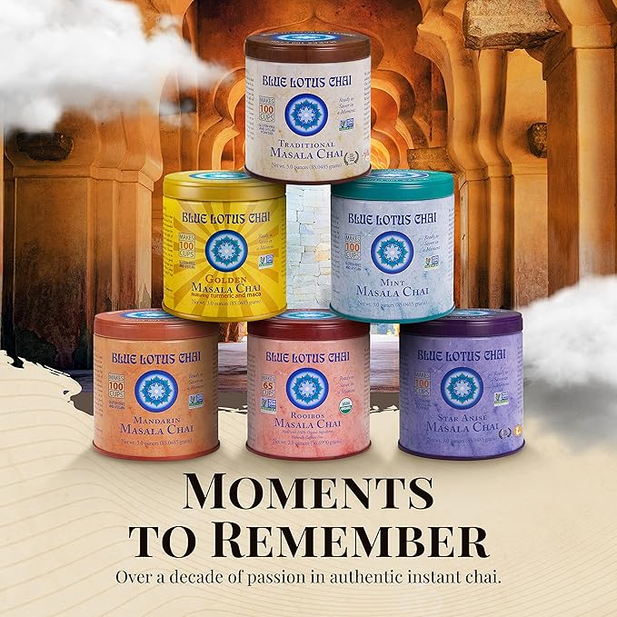 Blue Lotus Chai Tea - Traditional Masala Chai - Makes 100 Cups - 3 Ounce Masala Spiced Chai Powder with Organic Spices - Instant Indian Tea No Steeping - No Gluten