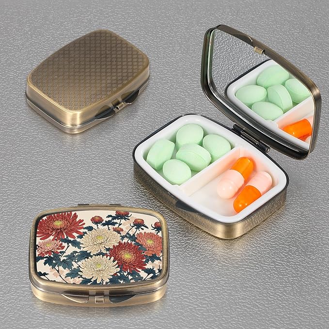 Dynippy Pill Case Pill Box with Mirror Retro Pocket 2 Compartment Medicine Case Vitamin Pill Organizer for Pocket Purse and Travel (Retro- Traditional Chrysanthemums)