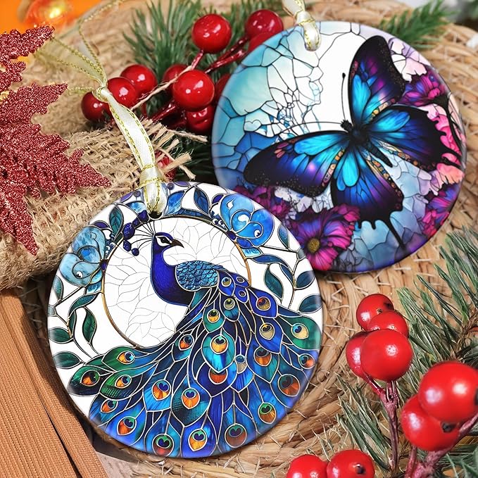 Ceramic Peacock Hanging Ornament - Christmas Tree Decor - Gifts for Peacock Lovers