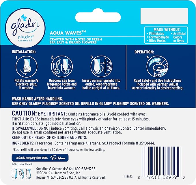 Glade PlugIns Refills Air Freshener, Scented and Essential Oils for Home and Bathroom, Aqua Waves, 3.35 Fl Oz, 5 Count