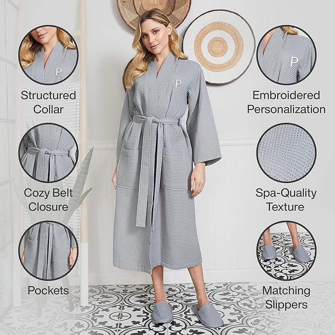 Lotus Linen Waffle Robes for Women - Lightweight Cotton Kimono Bathrobe - Long Soft Spa Bath Robe