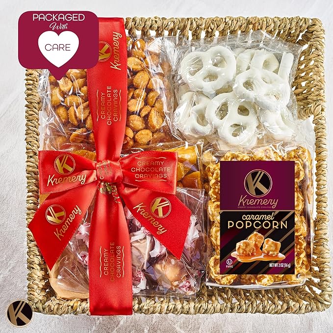 KREMERY Creamy Chocolate Cravings - Diwali Sweets Hamper Chocolate Covered Pretzels & Caramel Popcorn Gift Basket, in Seagrass Tray + Ribbon (Classic, 1.5 lbs) Food Arrangement