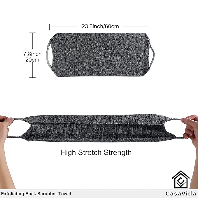 CASAVIDA Back Scrubber for Shower Nylon Bath Towel Washer Exfoliating Washcloth Rear Japanese Stretchable Strap Wash Cloth Body Exfoliation 2 Pack (Blue + Charcoal Gray)