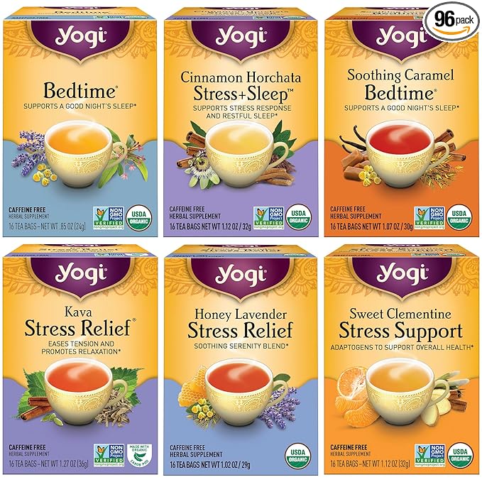 Yogi Tea Stress Relief & Herbal Tea Variety Pack - 16 Bags per Pack (6 Packs) - Organic Herbal Sampler - Includes Bedtime, Kava Stress Relief, Soothing Caramel Bedtime & More