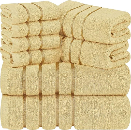 Utopia Towels 8 Piece Luxury Towel Set, 2 Bath, 2 Hand, and 4 Wash Cloths, 600 GSM Ring Spun Cotton, Highly Absorbent Viscose Stripe Towels, Ideal for Everyday use, Beige