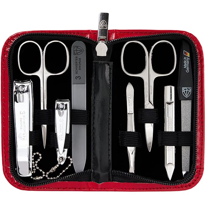 3 Swords Germany - brand quality 8 piece manicure pedicure grooming kit set synthetic leather case red - Made in Germany