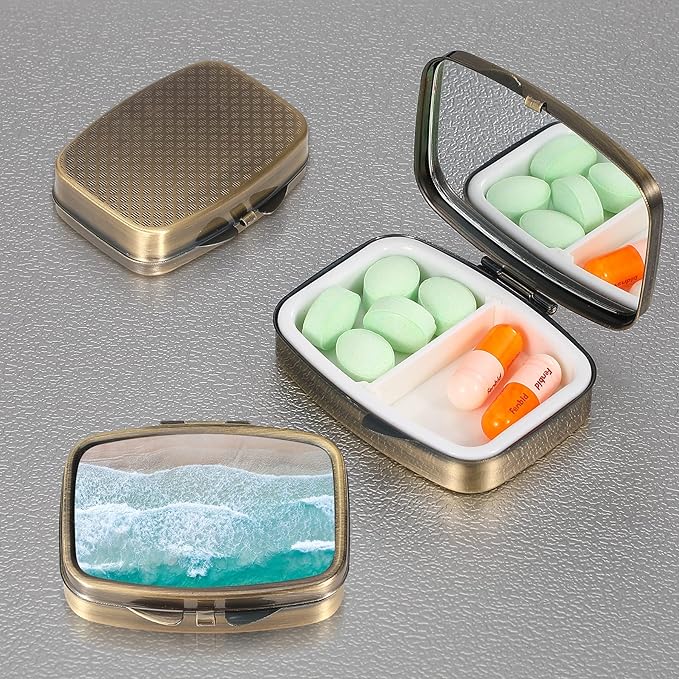 Dynippy Pill Case Pill Box with Mirror Retro Pocket 2 Compartment Medicine Case Vitamin Pill Organizer for Pocket Purse and Travel (A-Sandy Beach)