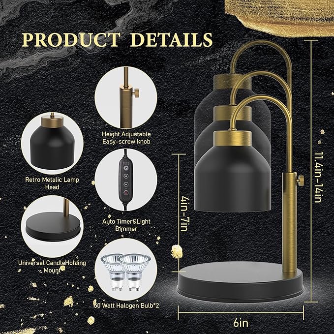 Candle Warmer Lamp, 2 Bulbs, Timer & Dimmer, Height Adjustable, Compatible with Large Yankee Candle Jars, 3 Wick Candles, 110-120v, Black