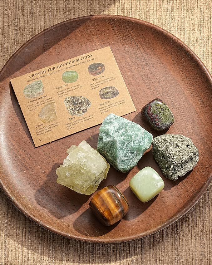 QianCannaor Crystals and Healing Stones Set for Anxiety, Relaxation Spiritual Crystals Gift for Metaphysical, Witchcraft, Meditation, Manifestation, Zen, Reiki, Fengshui (Crystal for Money & Success)