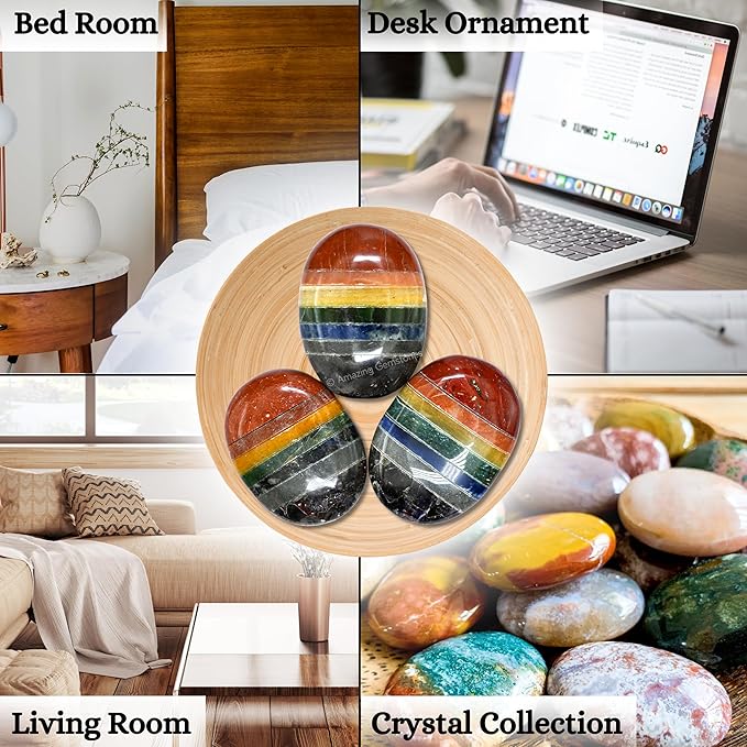 Amazing Gemstone Seven Chakra Crystals and Healing Stones - Large Palm Stone Crystals Piedra - Crystal for Good Luck, Balanced Positive Energy, Meditation - Unique Stocking Stuffers Gifts for Women