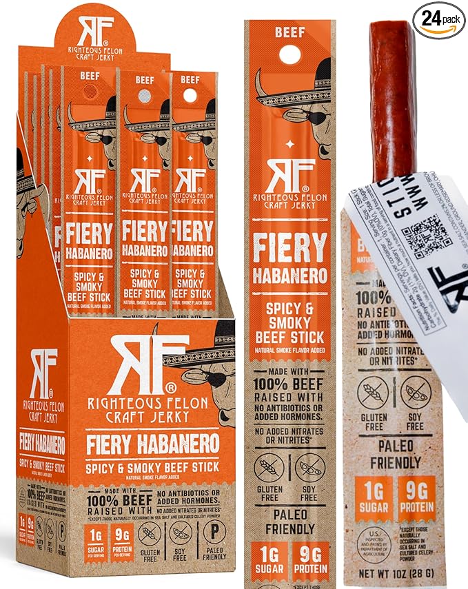 Righteous Felon Meat Sticks | 100% Beef Sticks | Gluten Free & Keto Meat Sticks | Low Sugar & High Protein Beef Sticks | Healthy Snack for Adults | Jerky Gifts for Men | Fiery Habanero, 24 Pack