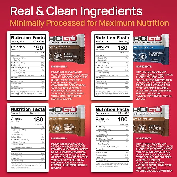 ProGo Protein Bars, Low Sugar, High Protein Snacks (Up to 21g) - 95% Pure Isolate for Faster Muscle Growth & Recovery, Low Calorie, Sweetened w/Peanut Butter & Raw Honey (4-Count, Starter Pack)