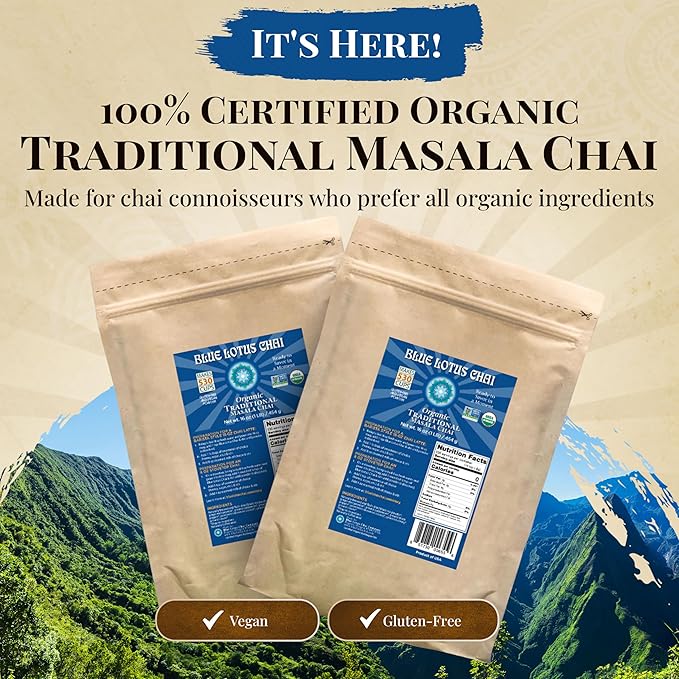 Blue Lotus Chai - Fully Organic Traditional Masala Chai - Makes 530 Cups - 1 Pound Bulk Bag Masala Spiced Chai Powder with Organic Spices - Instant Indian Tea No Steeping - No Gluten