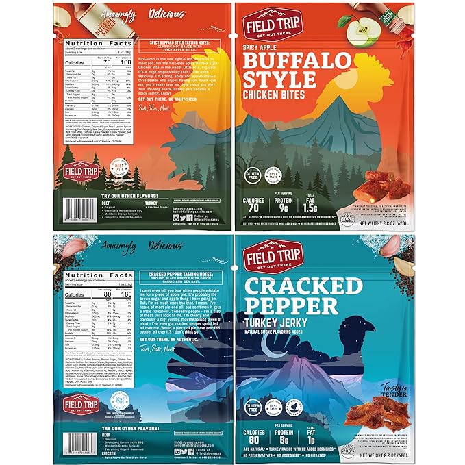 Field Trip Turkey, Chicken, and Beef Jerky Variety Pack, Healthy Gluten Free Snacks, All Natural, Paleo-Friendly Meat Snacks with No Nitrates, Low Carb, High Protein Snacks, 2.2 Ounce Bag, 7 Pack