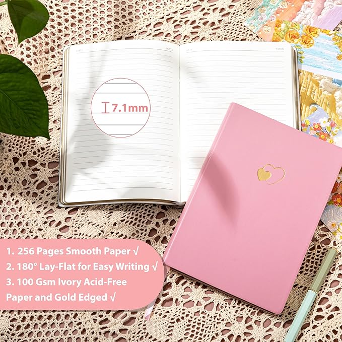 CAGIE Pink Journal for Women 256 Pages Cute Diary with Heart-Shaped Leather Journals for Writing A5 Soft Cover Journaling Notebooks for Work School (03 Pink, A5)