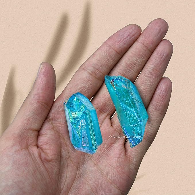 Amazing Gemstone 2 Pieces Aqua Aura Quartz Raw Pencil Points Crystals and Healing Stones, Natural Rocks for Meditation and DIY Raw Point Stones and Crystals