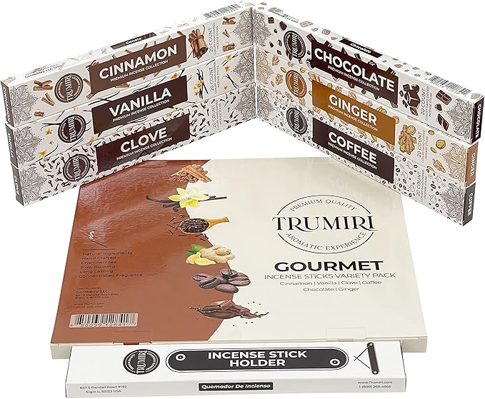 Gourmet Incense Sticks Variety Pack - 120 Insence-Sticks (6 Incents x 20 Insense) - Cinnamon Vanilla Coffee Chocolate - Natural Inscents-Sticks Non Toxic Inciensos + Incense Holder for Fall Christmas