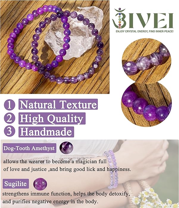 Bivei Natural Gemstone Semi Precious Healing Crystals Handmade Stretchy Round Beads Bracelet, Enhance Positive Energy