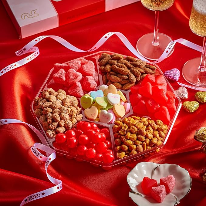 NUT CRAVINGS - Diwali Sweets Hamper Mixed Nuts & Heart Candy Gift Basket in Red Gold Box (7 Assortments, 1 LB) Food Arrangement, Healthy Snack Care Package, Food Assortments
