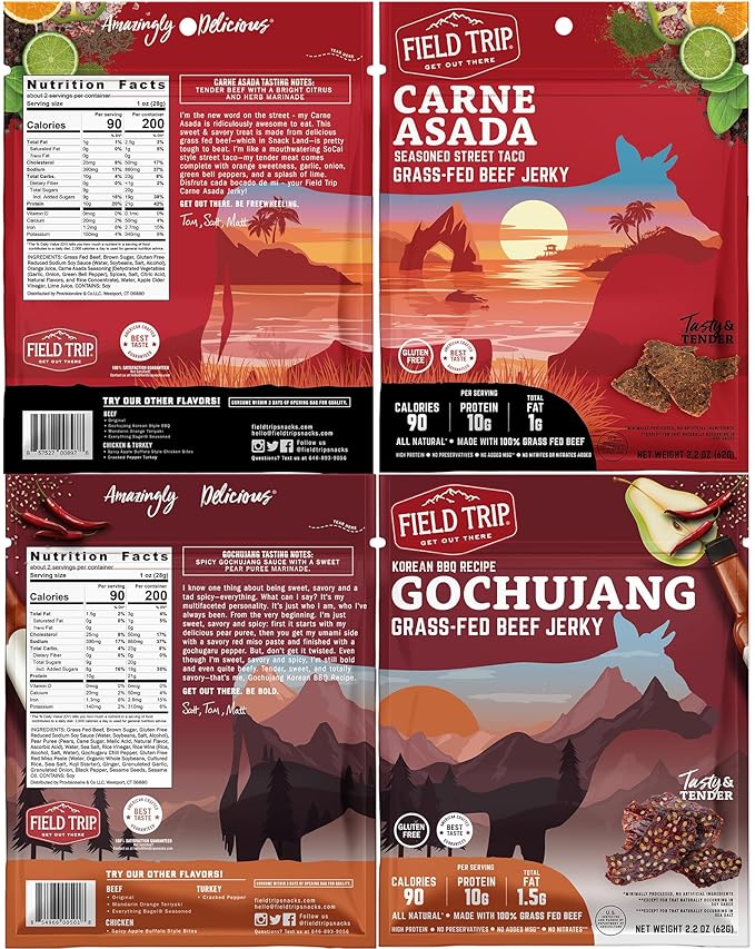 Field Trip Turkey, Chicken, and Beef Jerky Variety Pack, Healthy Gluten Free Snacks, All Natural, Paleo-Friendly Meat Snacks with No Nitrates, Low Carb, High Protein Snacks, 2.2 Ounce Bag, 7 Pack