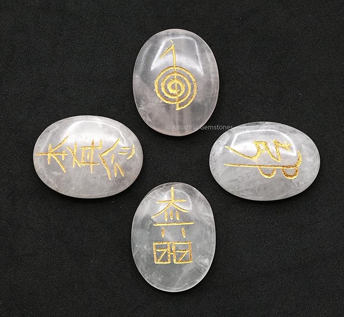Amazing Gemstone Rose Quartz Crystal Reiki Stones with Engraved Symbols for Usui Reiki Healing, Set of 4 Pcs (Indian Handmade Reiki Gift Set)