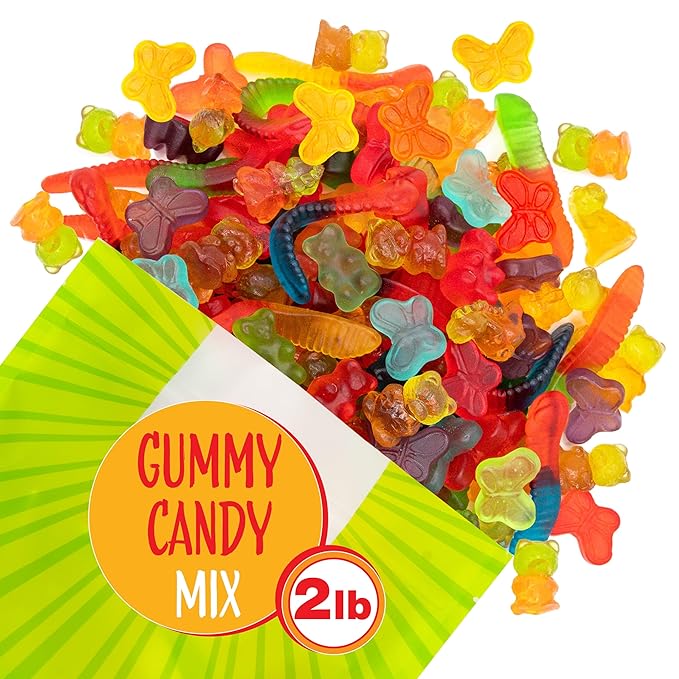 Gummy Candy Mix | 2 Pound Variety Pack | Gummy Worms, Bears, Butterflies, 3D Bears, 3D Dinosaurs | Assorted Fruit Flavors for Party Favors, Goody Bags, and Kids' Events
