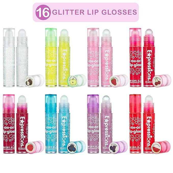 EXPRESSIONS 16pc Roller-Ball Glitter Lip Gloss Set, 8 Assorted Fruit Flavored Roll On Rollerball Lip Gloss for Kids, Safe, Non Toxic Kids Makeup Set