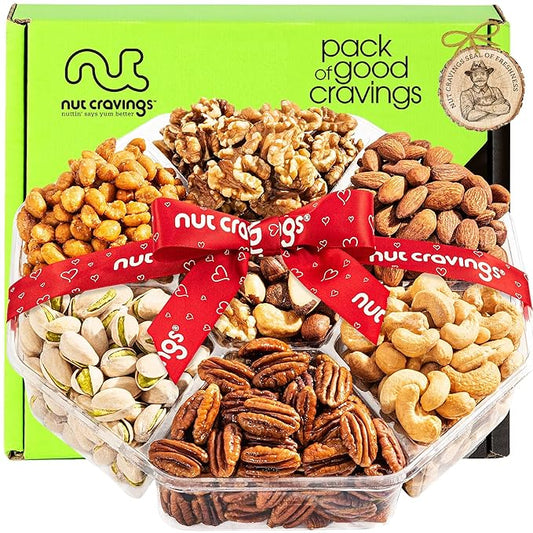 NUT CRAVINGS - Diwali Sweets Hamper Mixed Nuts Gift Basket + Heart Ribbon (7 Assortments) Food Arrangement, Healthy Snack Care Package, Food Assortments