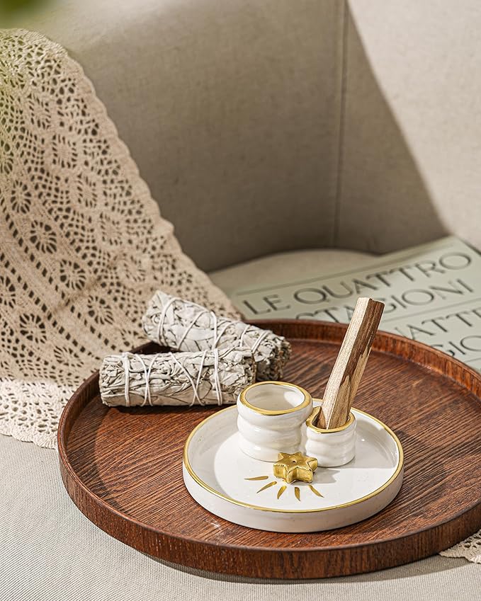 Ceramic Incense Holder Burner, Sage Holder for Burning, Palo Santo Sticks Holder, 5.51" Ash Catch Tray, Smudge Dish for Meditation Yoga, Modern Home Decor Gift