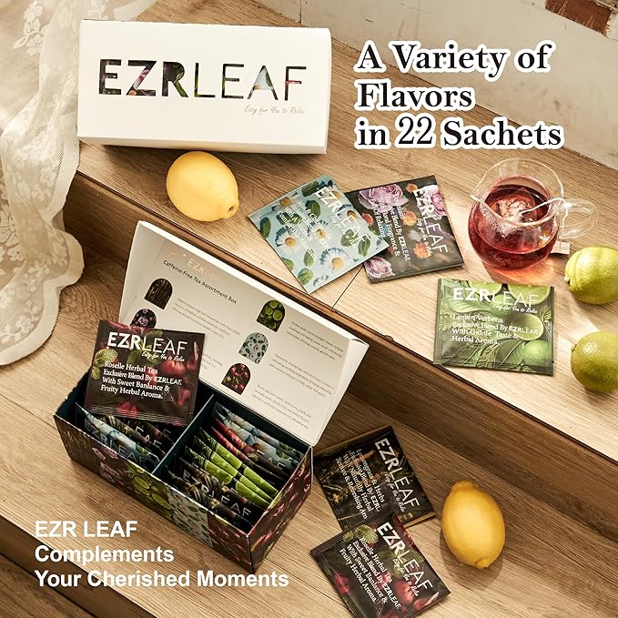 EZR Leaf Decaf Herbal Tea Sampler-22CT Pyramid Bags with Natural Fruit & Floral Blends – Caffeine-Free Assorted Tea Gift Set for Women & Men Blend Lemon Verbena x4, Lemongrass & Herbs x5, Mint & Chamomile x4,Dreamland x5, Roselle x4