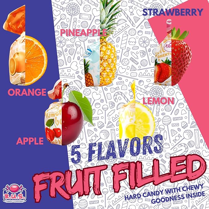 Fruit Filled Hard Candy 1 lb – Individually Wrapped, Old Fashioned Bulk Candy, 5 Assorted Flavors, Hard Shell and Chewy Center by R.U.S. Candy Company (1 Pound)