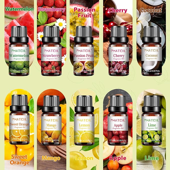 PHATOIL 10Pcs Fruity Fragrance Oil Set, Coconut, Cherry, Apple, Strawberry, Mango Candle Scents for Candle Making, Freshie Scents for DIY Soap Making, Diffuser Oil Scents Set