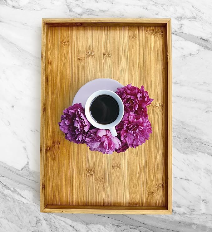 Bam & Boo Natural Bamboo Serving Tray Modern Rectangular (Bamboo, 17.75” x 11.8" x 1.2") for Food, Drinks, Decor, Vanity in Home, Kitchen, Bathroom, Coffee Table, Bed