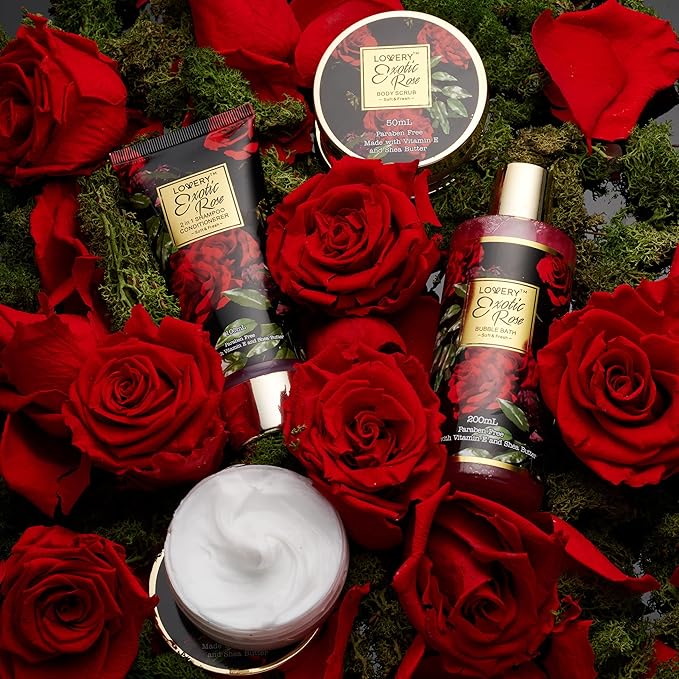 Anniversary Gifts for Women - Exotic Rose Gift Basket for Women, Spa Bath and Body Gift Set, Mom Gifts for Her, Birthday Gift with Body Scrub, Bubble Bath, Lotion & More