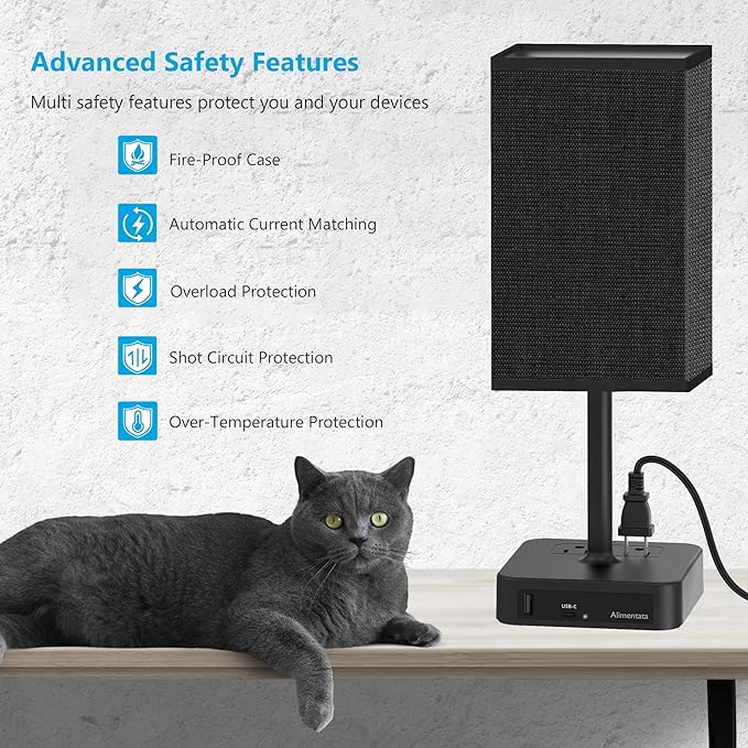 Bedside Table Lamp with Touch Control & USB C+A Charging Ports LED Desk Lamp with 2 AC Outlets, Minimalist Nightstand Light with Black Fabric Shade for Bedroom, Living Room, Office, Black